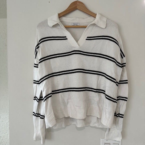 Reitmans | Women’s Size Large White and Black Stripe Sweater With Collar - Picture 1 of 5